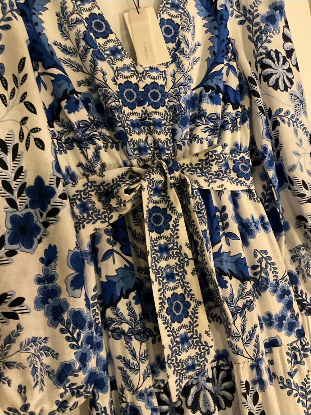 Blue and White Floral Maxi Dress with Waist Tie - Picture 7 of 9